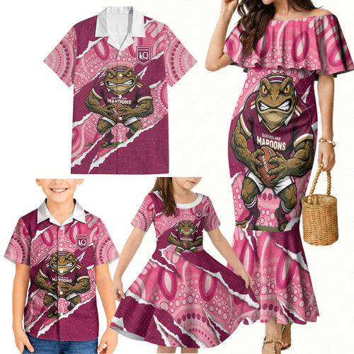 QLD Maroons Rugby Custom Family Matching Mermaid Dress and Hawaiian Shirt Go Cane Toads Sporty Aboriginal Art
