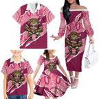 QLD Maroons Rugby Custom Family Matching Off The Shoulder Long Sleeve Dress and Hawaiian Shirt Go Cane Toads Sporty Aboriginal Art