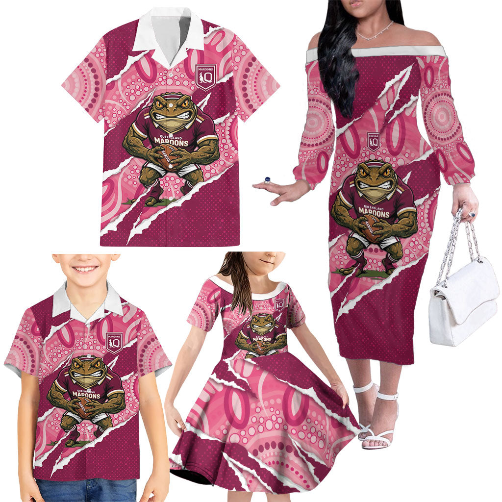 QLD Maroons Rugby Custom Family Matching Off The Shoulder Long Sleeve Dress and Hawaiian Shirt Go Cane Toads Sporty Aboriginal Art