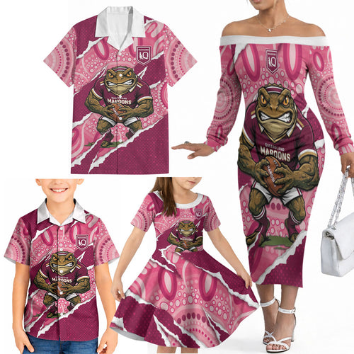 QLD Maroons Rugby Custom Family Matching Off The Shoulder Long Sleeve Dress and Hawaiian Shirt Go Cane Toads Sporty Aboriginal Art