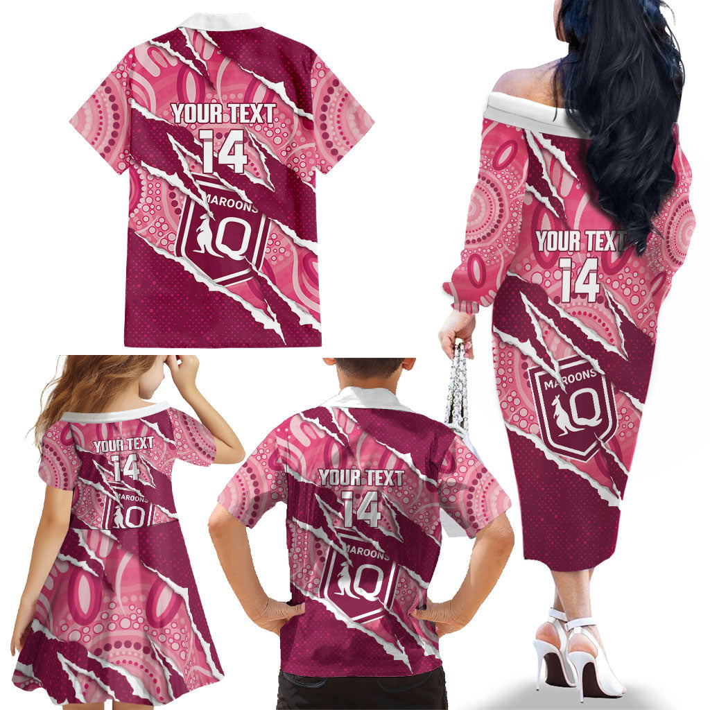 QLD Maroons Rugby Custom Family Matching Off The Shoulder Long Sleeve Dress and Hawaiian Shirt Go Cane Toads Sporty Aboriginal Art