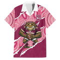 QLD Maroons Rugby Custom Family Matching Off The Shoulder Long Sleeve Dress and Hawaiian Shirt Go Cane Toads Sporty Aboriginal Art