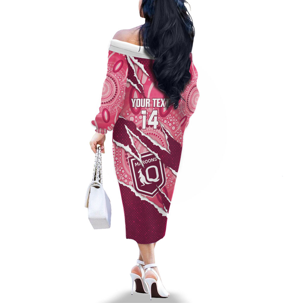 QLD Maroons Rugby Custom Family Matching Off The Shoulder Long Sleeve Dress and Hawaiian Shirt Go Cane Toads Sporty Aboriginal Art