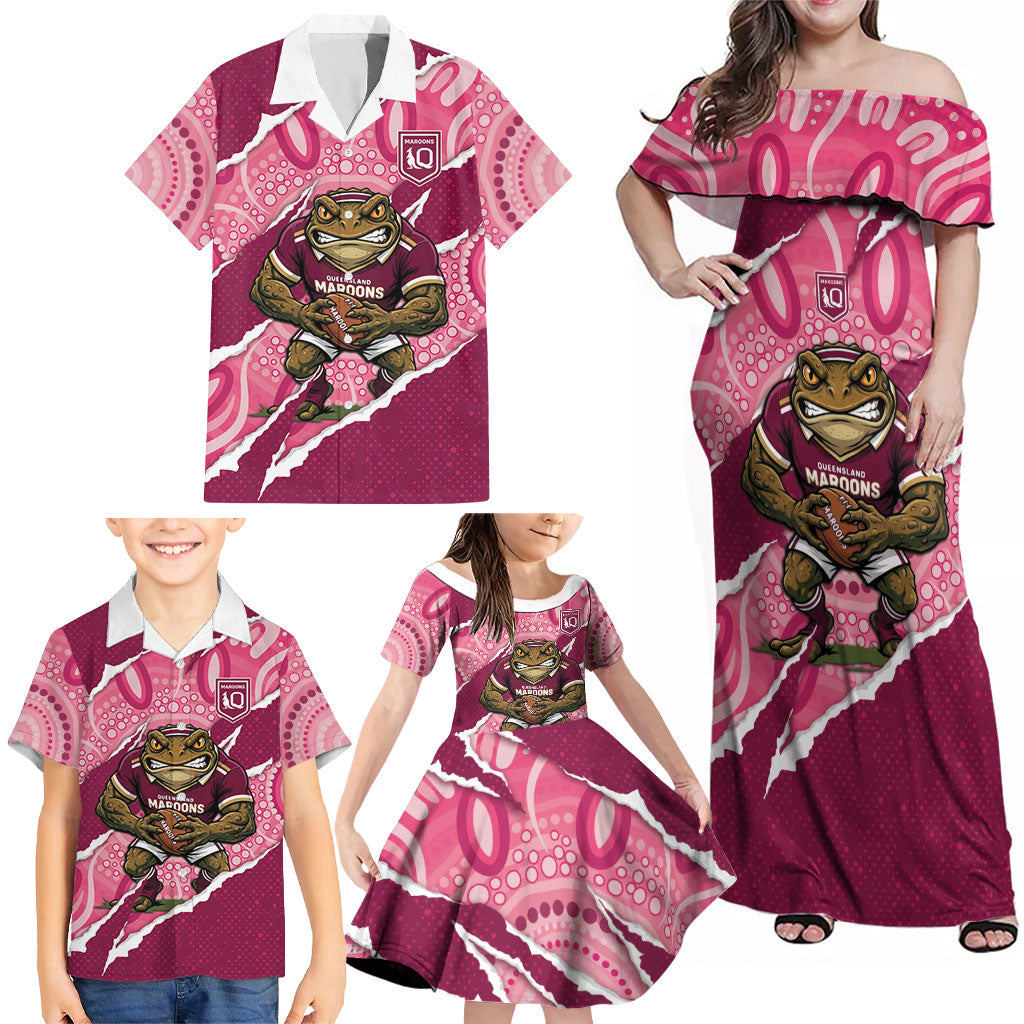 QLD Maroons Rugby Custom Family Matching Off Shoulder Maxi Dress and Hawaiian Shirt Go Cane Toads Sporty Aboriginal Art