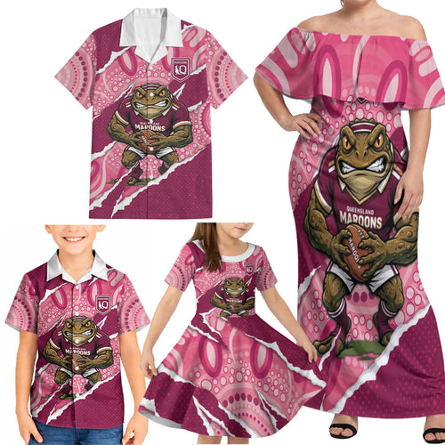 QLD Maroons Rugby Custom Family Matching Off Shoulder Maxi Dress and Hawaiian Shirt Go Cane Toads Sporty Aboriginal Art