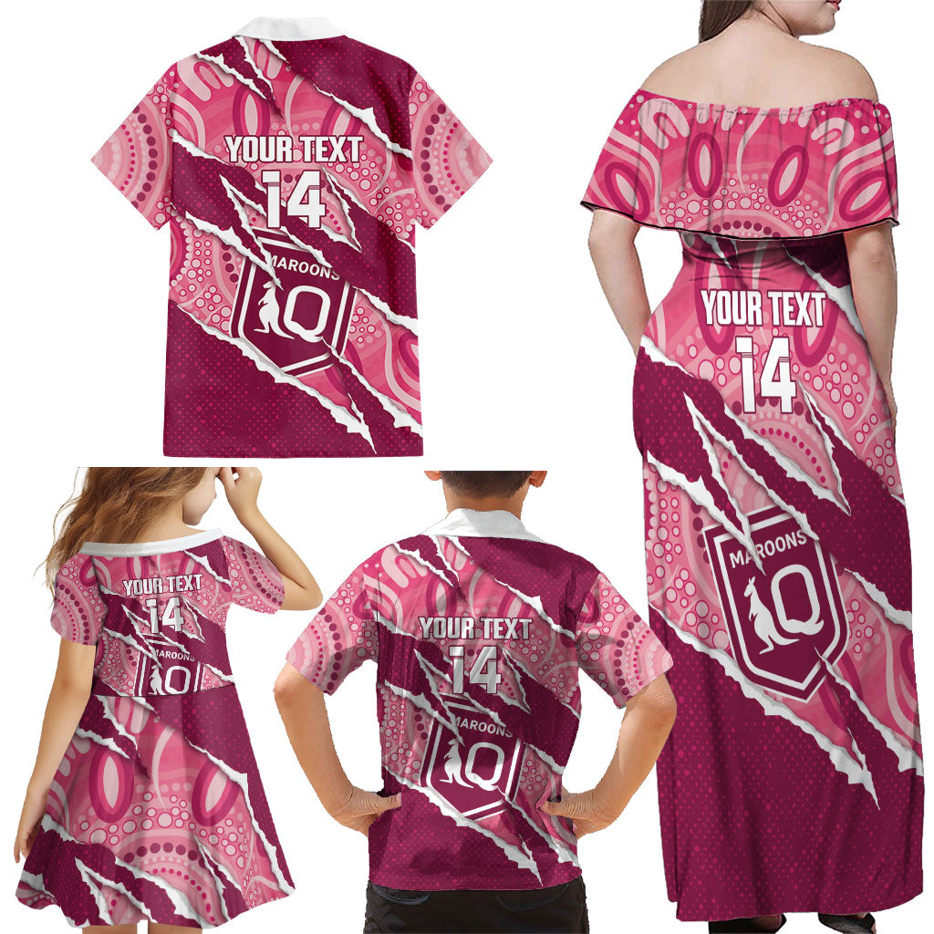QLD Maroons Rugby Custom Family Matching Off Shoulder Maxi Dress and Hawaiian Shirt Go Cane Toads Sporty Aboriginal Art