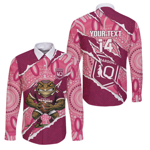 QLD Maroons Rugby Custom Family Matching Off Shoulder Maxi Dress and Hawaiian Shirt Go Cane Toads Sporty Aboriginal Art