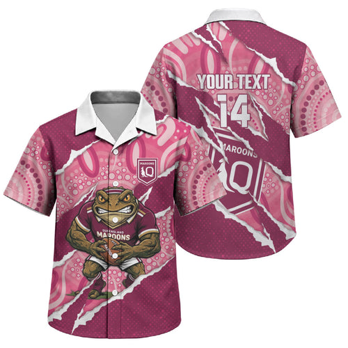 QLD Maroons Rugby Custom Family Matching Off Shoulder Maxi Dress and Hawaiian Shirt Go Cane Toads Sporty Aboriginal Art