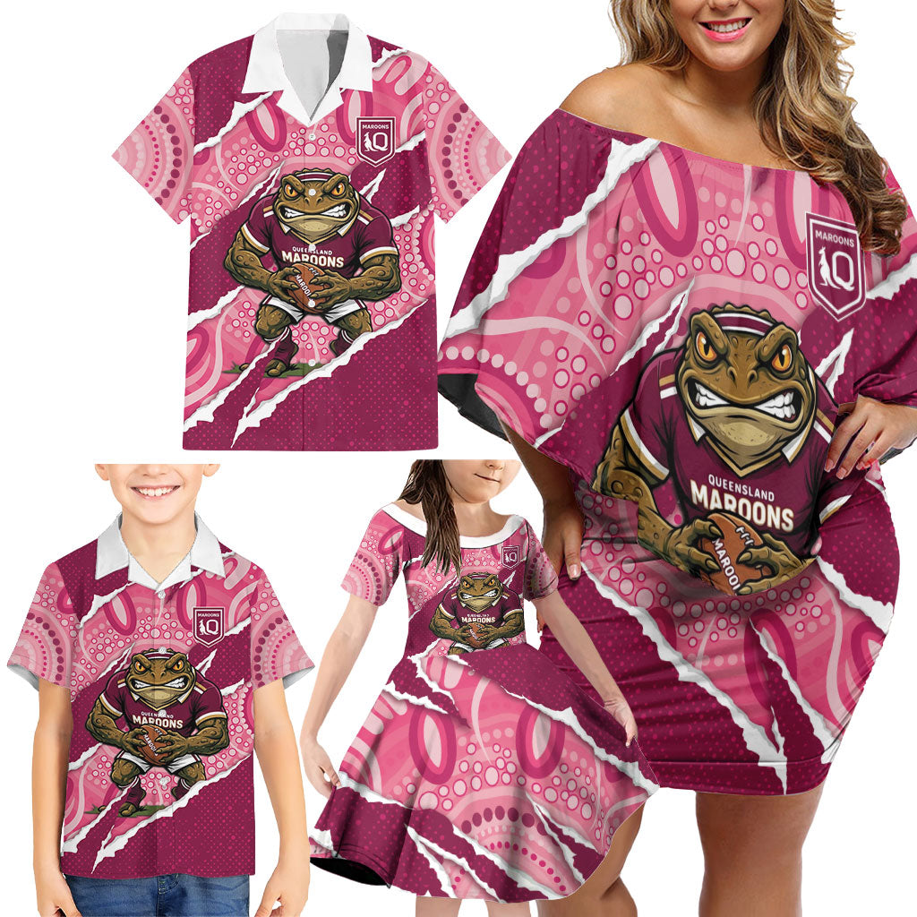 QLD Maroons Rugby Custom Family Matching Off Shoulder Short Dress and Hawaiian Shirt Go Cane Toads Sporty Aboriginal Art