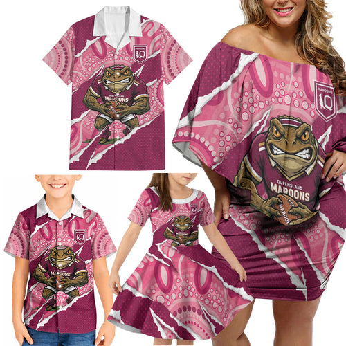 QLD Maroons Rugby Custom Family Matching Off Shoulder Short Dress and Hawaiian Shirt Go Cane Toads Sporty Aboriginal Art