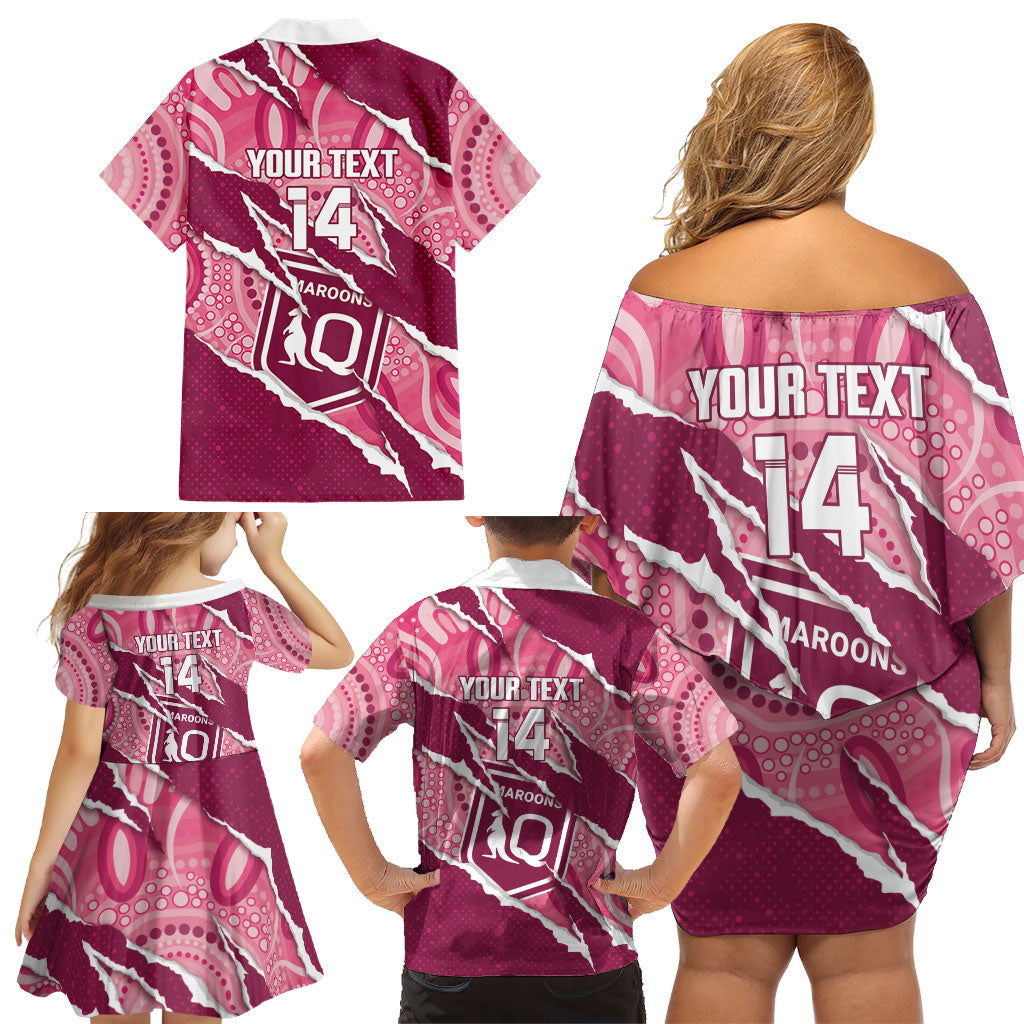QLD Maroons Rugby Custom Family Matching Off Shoulder Short Dress and Hawaiian Shirt Go Cane Toads Sporty Aboriginal Art