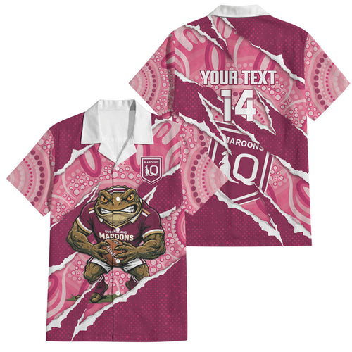 QLD Maroons Rugby Custom Family Matching Off Shoulder Short Dress and Hawaiian Shirt Go Cane Toads Sporty Aboriginal Art
