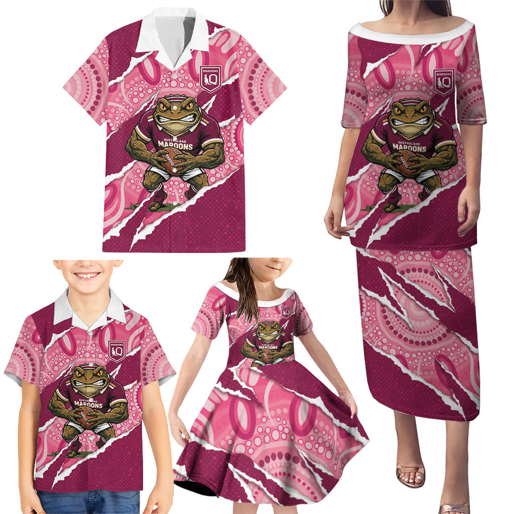 QLD Maroons Rugby Custom Family Matching Puletasi and Hawaiian Shirt Go Cane Toads Sporty Aboriginal Art