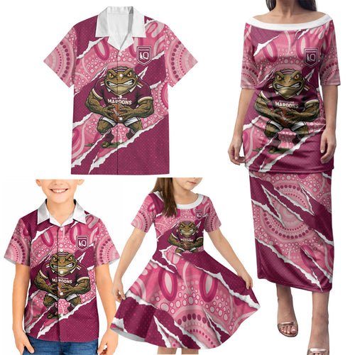 QLD Maroons Rugby Custom Family Matching Puletasi and Hawaiian Shirt Go Cane Toads Sporty Aboriginal Art