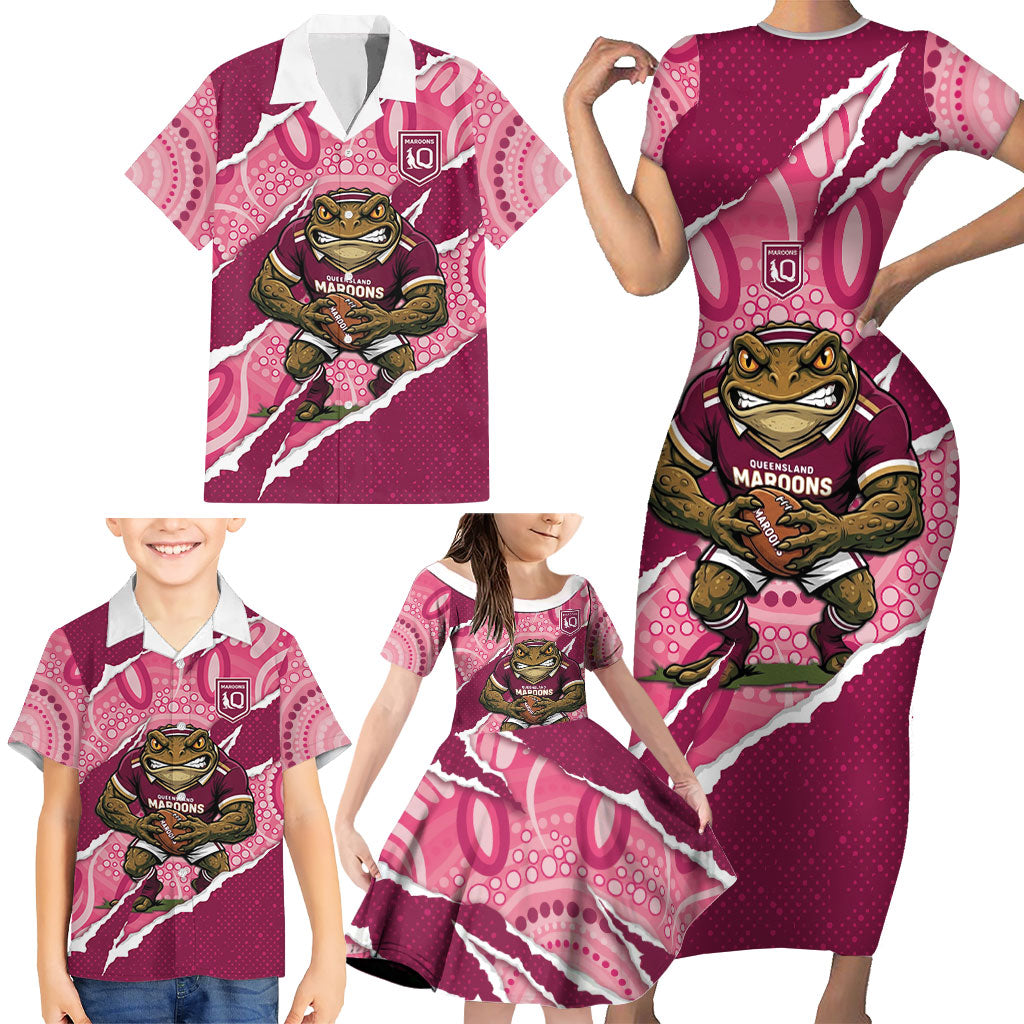 QLD Maroons Rugby Custom Family Matching Short Sleeve Bodycon Dress and Hawaiian Shirt Go Cane Toads Sporty Aboriginal Art
