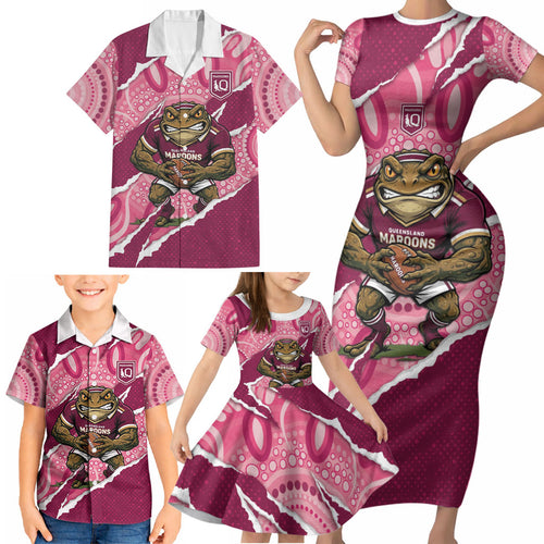QLD Maroons Rugby Custom Family Matching Short Sleeve Bodycon Dress and Hawaiian Shirt Go Cane Toads Sporty Aboriginal Art