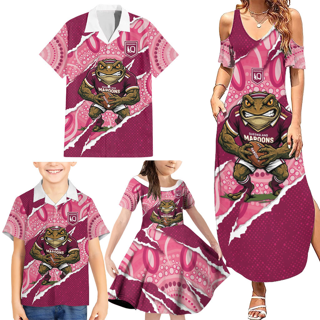 QLD Maroons Rugby Custom Family Matching Summer Maxi Dress and Hawaiian Shirt Go Cane Toads Sporty Aboriginal Art