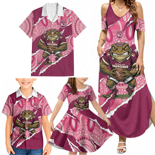QLD Maroons Rugby Custom Family Matching Summer Maxi Dress and Hawaiian Shirt Go Cane Toads Sporty Aboriginal Art