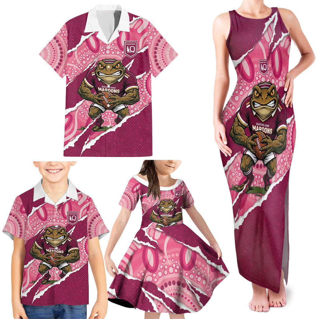QLD Maroons Rugby Custom Family Matching Tank Maxi Dress and Hawaiian Shirt Go Cane Toads Sporty Aboriginal Art