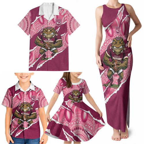 QLD Maroons Rugby Custom Family Matching Tank Maxi Dress and Hawaiian Shirt Go Cane Toads Sporty Aboriginal Art