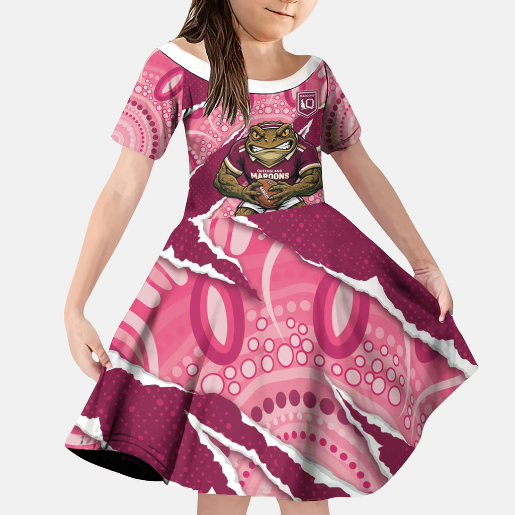 QLD Maroons Rugby Custom Kid Short Sleeve Dress Go Cane Toads Sporty Aboriginal Art