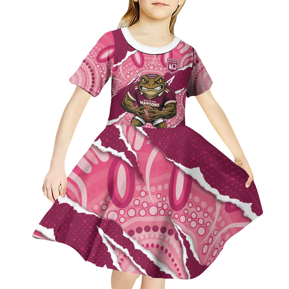 QLD Maroons Rugby Custom Kid Short Sleeve Dress Go Cane Toads Sporty Aboriginal Art