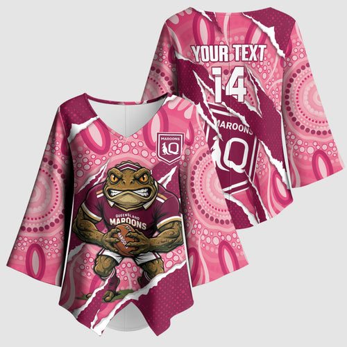 QLD Maroons Rugby Custom Kimono Sleeve Blouse Go Cane Toads Sporty Aboriginal Art