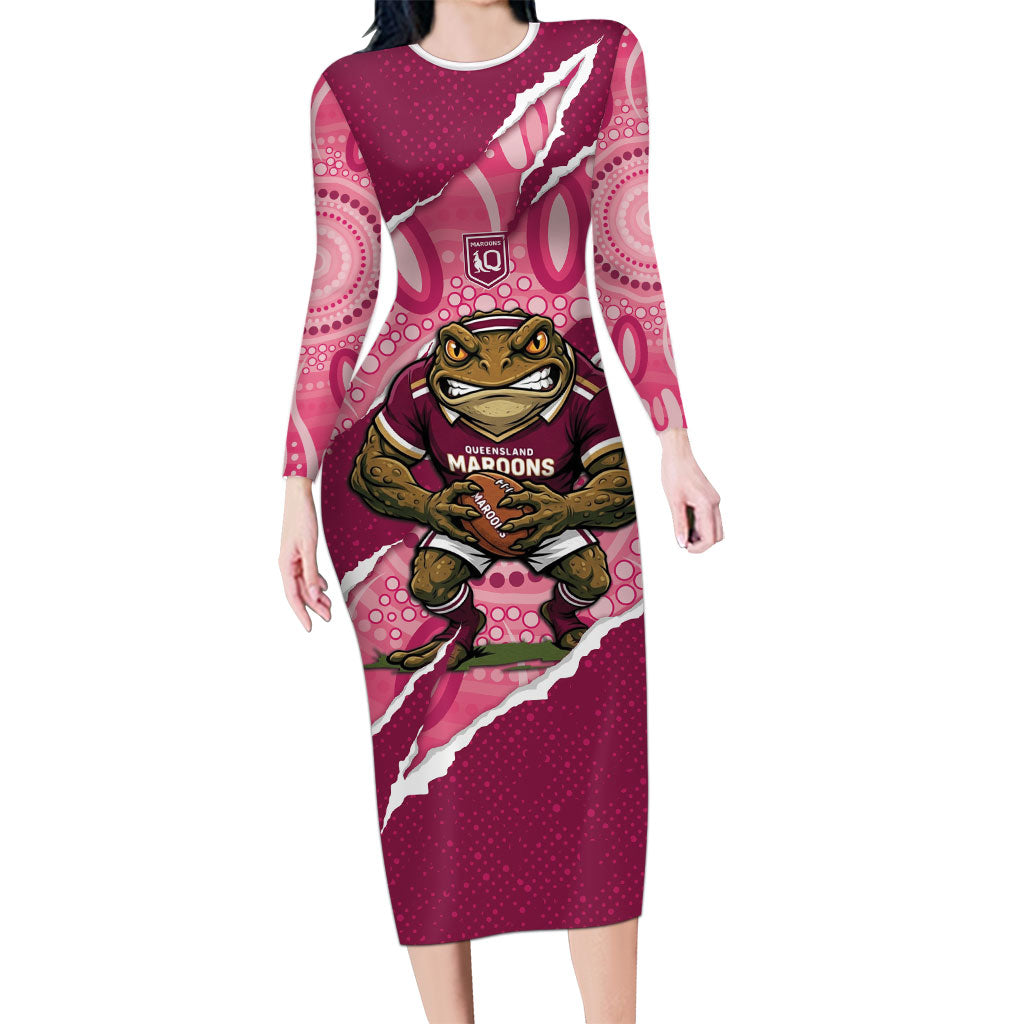 QLD Maroons Rugby Custom Long Sleeve Bodycon Dress Go Cane Toads Sporty Aboriginal Art