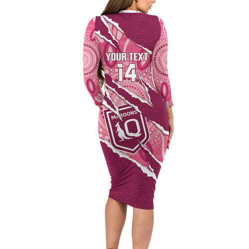 QLD Maroons Rugby Custom Long Sleeve Bodycon Dress Go Cane Toads Sporty Aboriginal Art