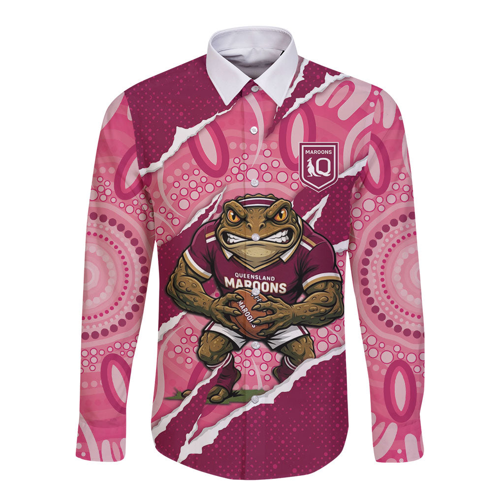 QLD Maroons Rugby Custom Long Sleeve Button Shirt Go Cane Toads Sporty Aboriginal Art