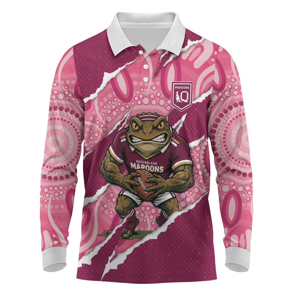 QLD Maroons Rugby Custom Long Sleeve Polo Shirt Go Cane Toads Sporty Aboriginal Art