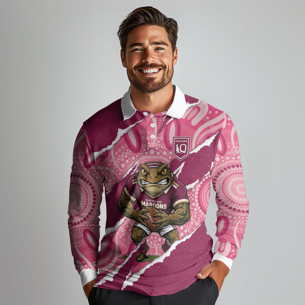 QLD Maroons Rugby Custom Long Sleeve Polo Shirt Go Cane Toads Sporty Aboriginal Art