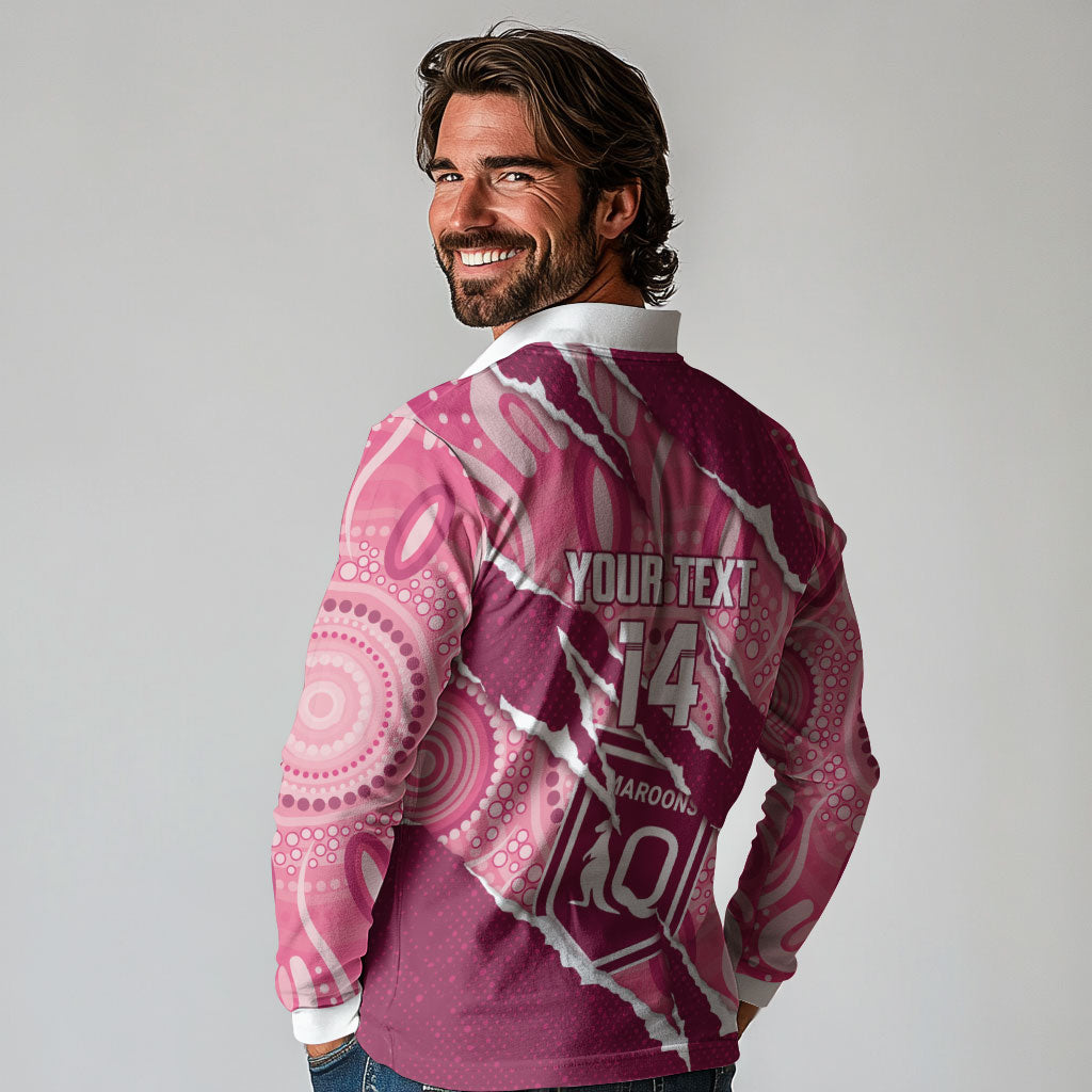 QLD Maroons Rugby Custom Long Sleeve Polo Shirt Go Cane Toads Sporty Aboriginal Art