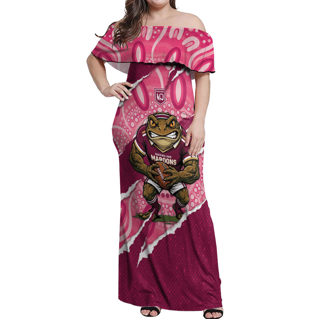 QLD Maroons Rugby Custom Off Shoulder Maxi Dress Go Cane Toads Sporty Aboriginal Art