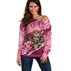 QLD Maroons Rugby Custom Off Shoulder Sweater Go Cane Toads Sporty Aboriginal Art