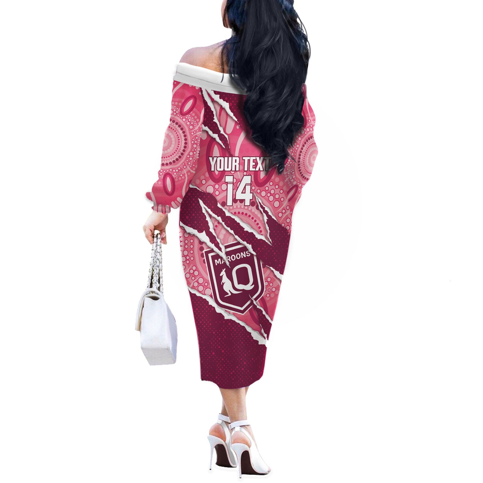 QLD Maroons Rugby Custom Off The Shoulder Long Sleeve Dress Go Cane Toads Sporty Aboriginal Art