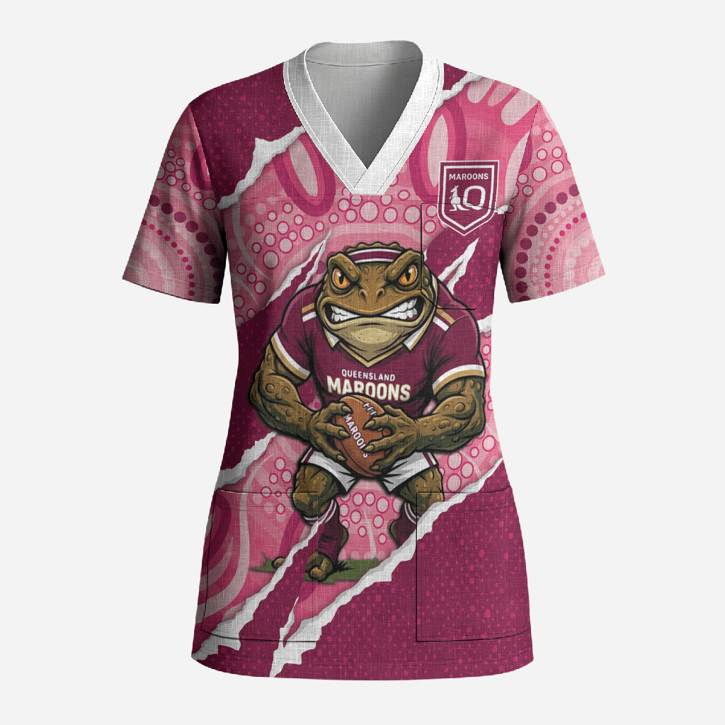 QLD Maroons Rugby Custom Scrub Top Go Cane Toads Sporty Aboriginal Art