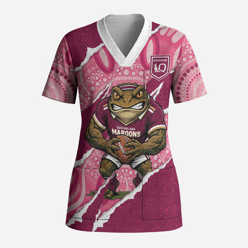 QLD Maroons Rugby Custom Scrub Top Go Cane Toads Sporty Aboriginal Art