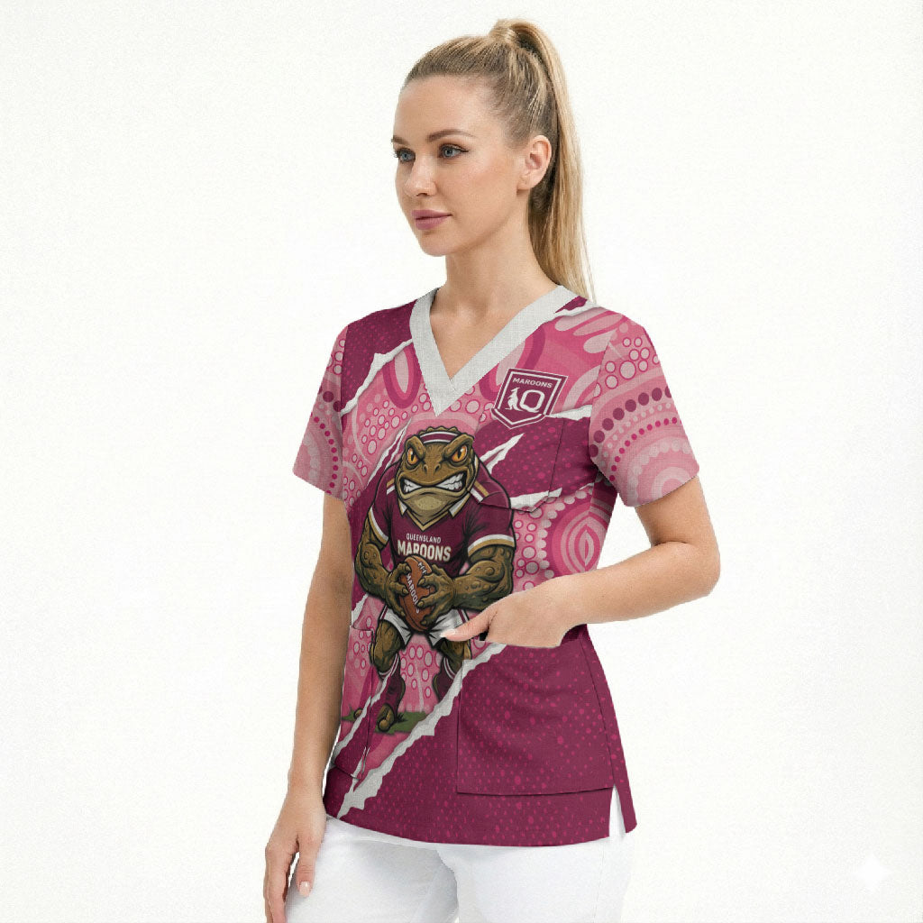 QLD Maroons Rugby Custom Scrub Top Go Cane Toads Sporty Aboriginal Art