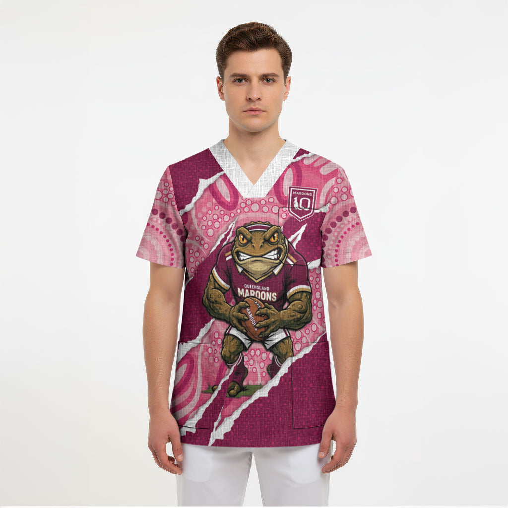 QLD Maroons Rugby Custom Scrub Top Go Cane Toads Sporty Aboriginal Art