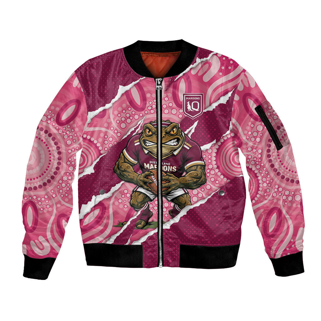 QLD Maroons Rugby Custom Sleeve Zip Bomber Jacket Go Cane Toads Sporty Aboriginal Art
