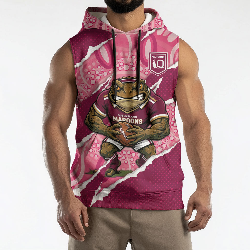 QLD Maroons Rugby Custom Sleeveless Hoodie Go Cane Toads Sporty Aboriginal Art