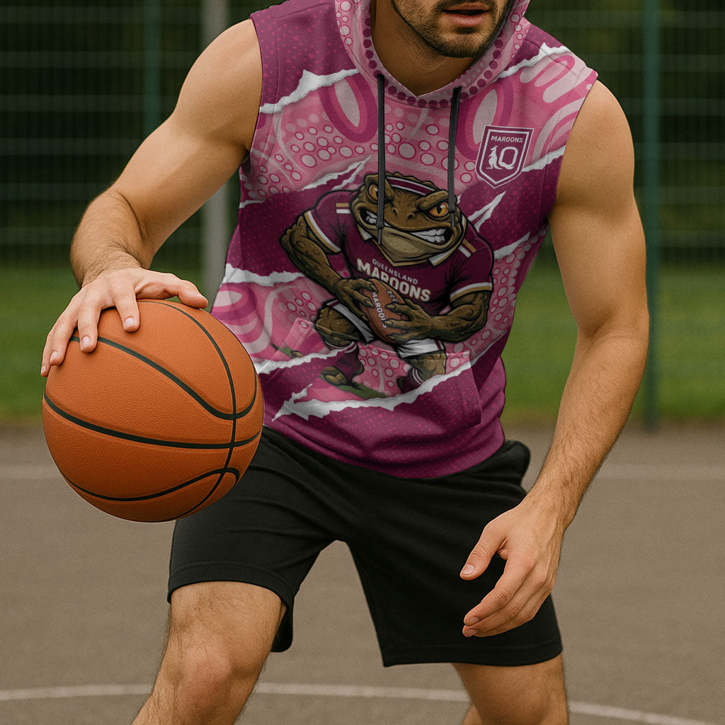 QLD Maroons Rugby Custom Sleeveless Hoodie Go Cane Toads Sporty Aboriginal Art