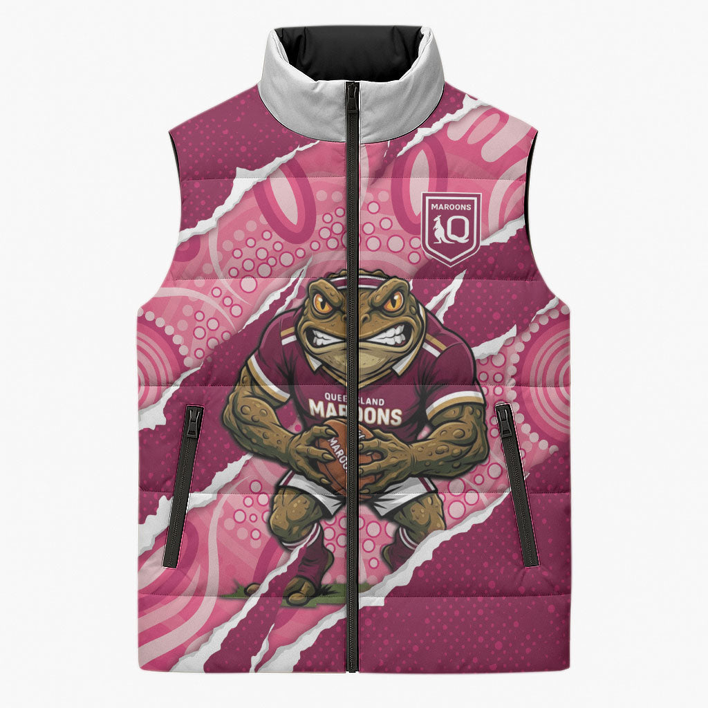 QLD Maroons Rugby Custom Sleeveless Puffer Jacket Go Cane Toads Sporty Aboriginal Art
