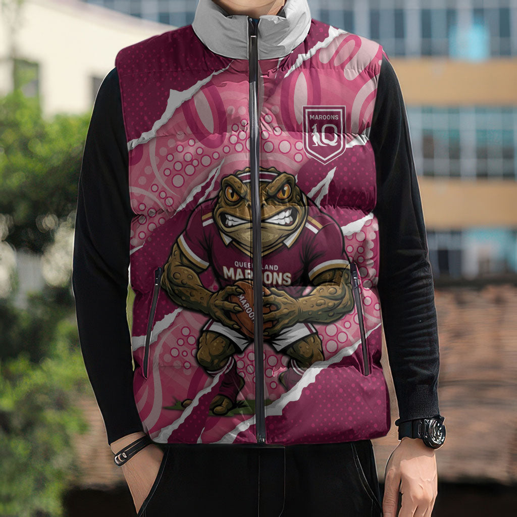 QLD Maroons Rugby Custom Sleeveless Puffer Jacket Go Cane Toads Sporty Aboriginal Art