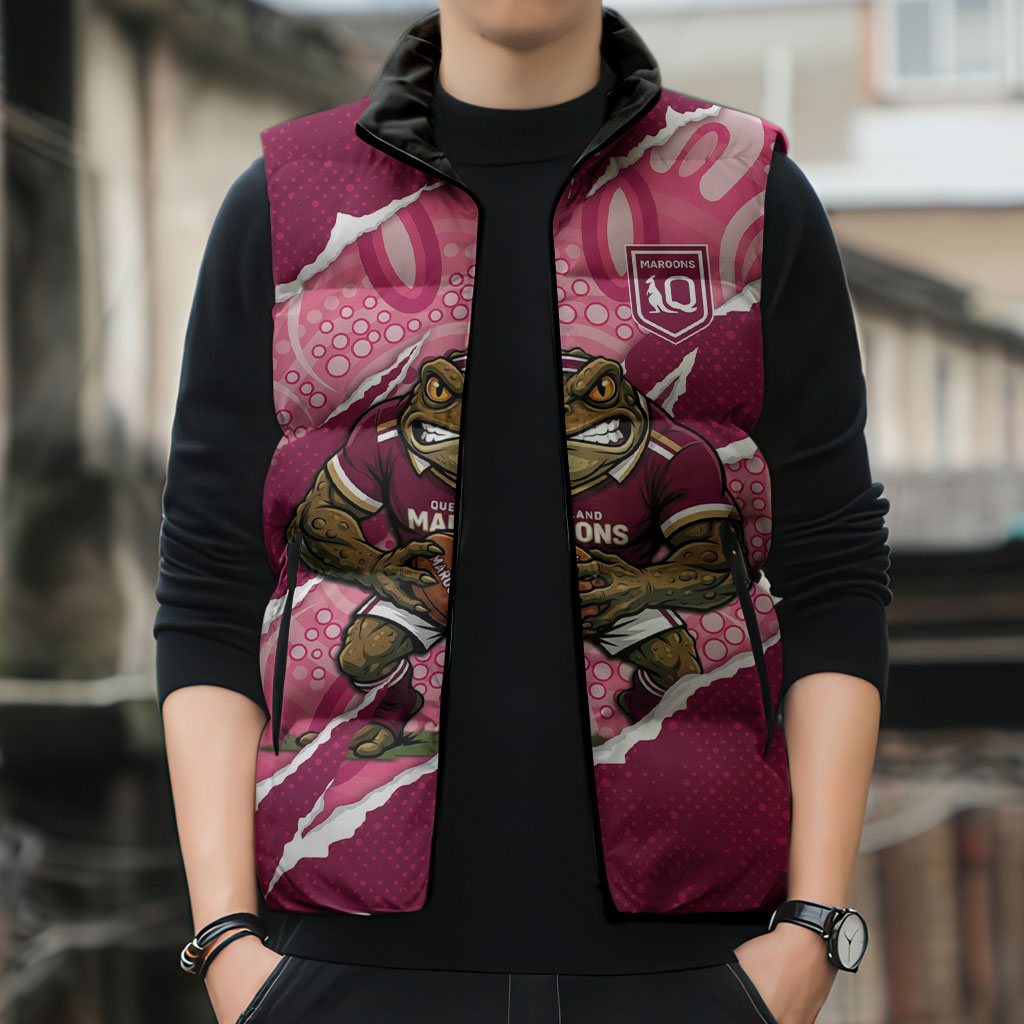 QLD Maroons Rugby Custom Sleeveless Puffer Jacket Go Cane Toads Sporty Aboriginal Art