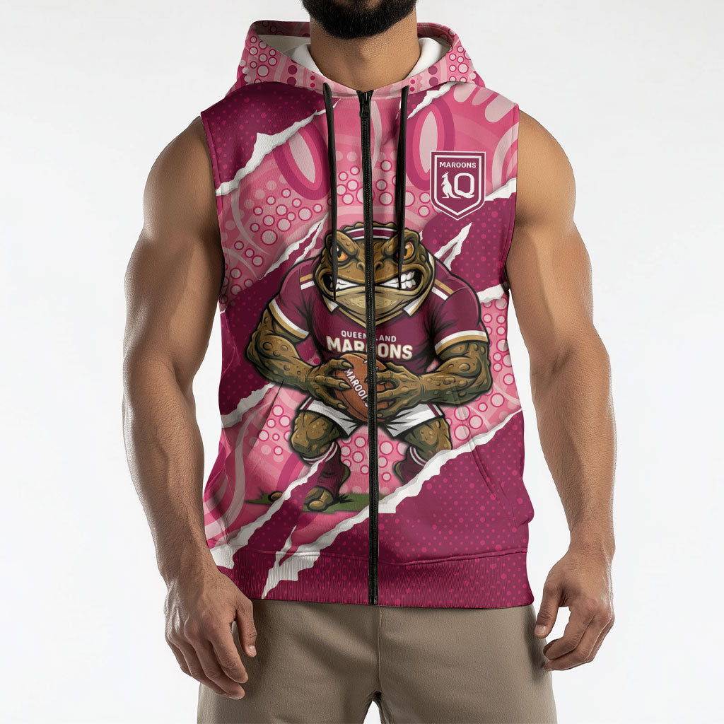 QLD Maroons Rugby Custom Sleeveless Zip Hoodie Go Cane Toads Sporty Aboriginal Art