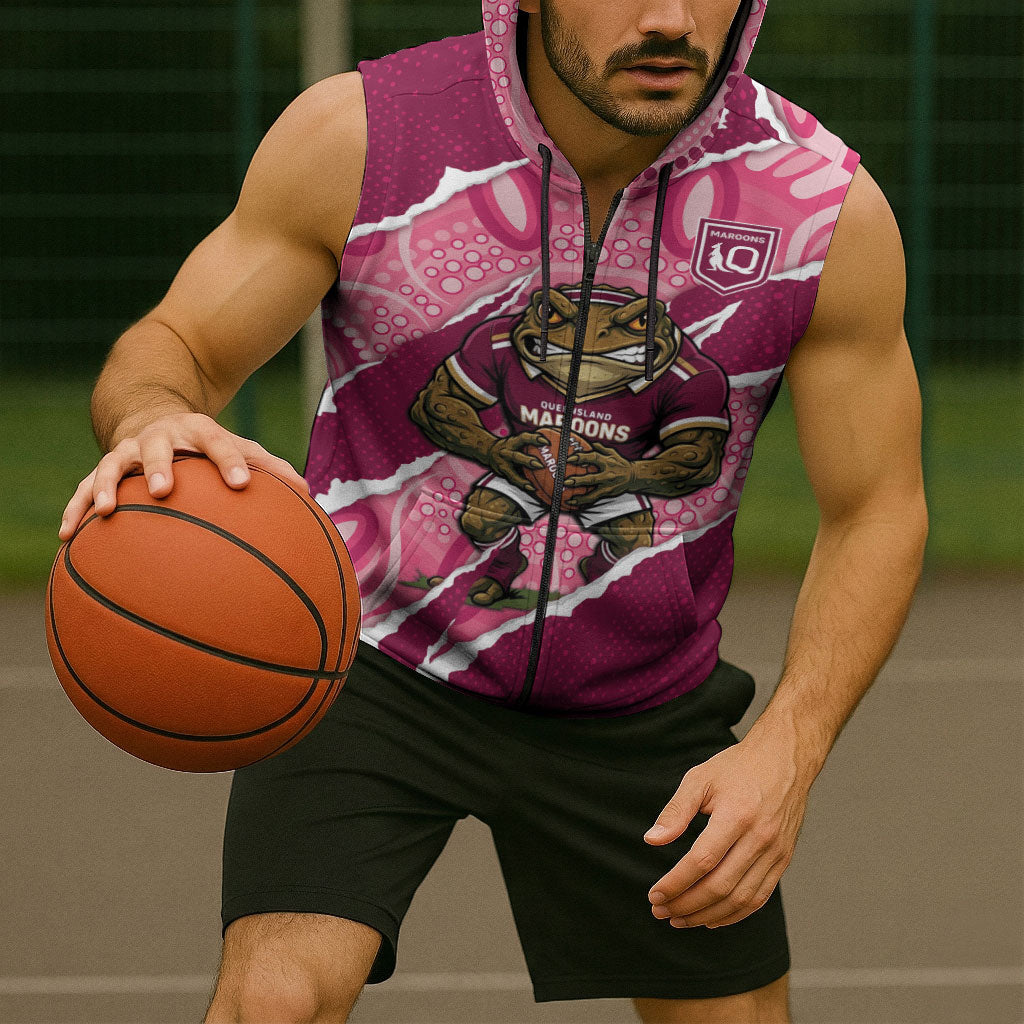 QLD Maroons Rugby Custom Sleeveless Zip Hoodie Go Cane Toads Sporty Aboriginal Art