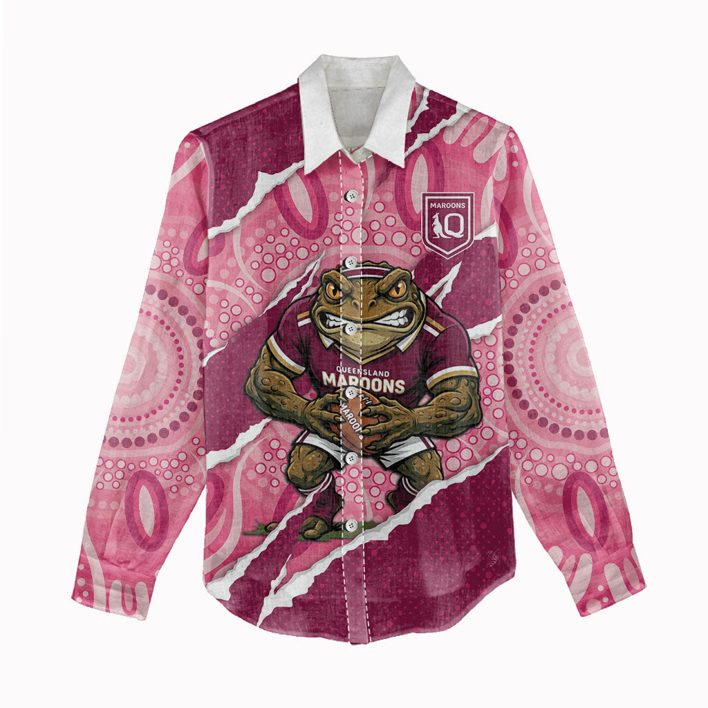 QLD Maroons Rugby Custom Women Casual Shirt Go Cane Toads Sporty Aboriginal Art