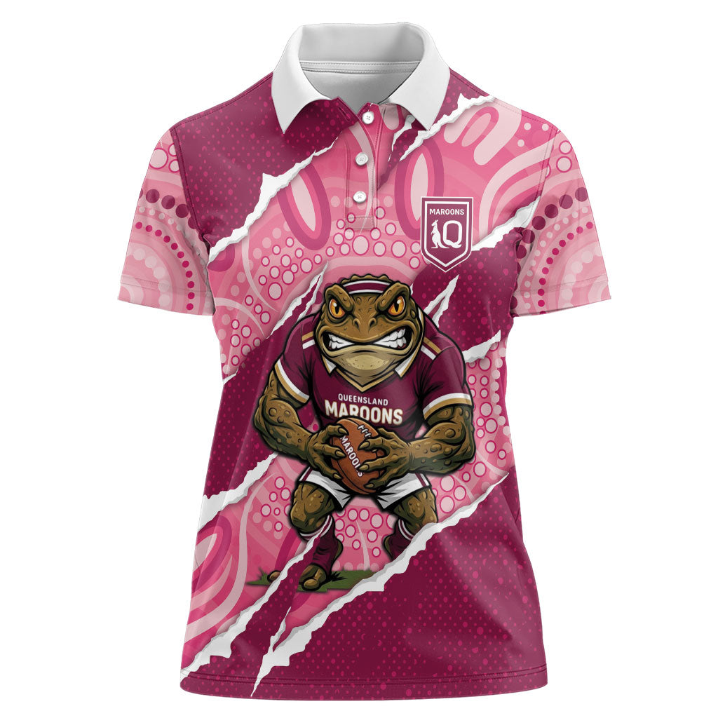 QLD Maroons Rugby Custom Women Polo Shirt Go Cane Toads Sporty Aboriginal Art